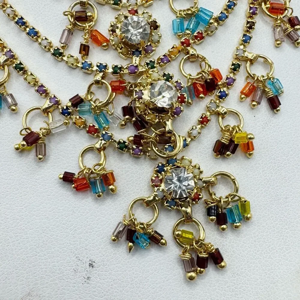 Colorful Bead And Rhinestone Gold Plated Bollywood Indian Necklace And Earrings